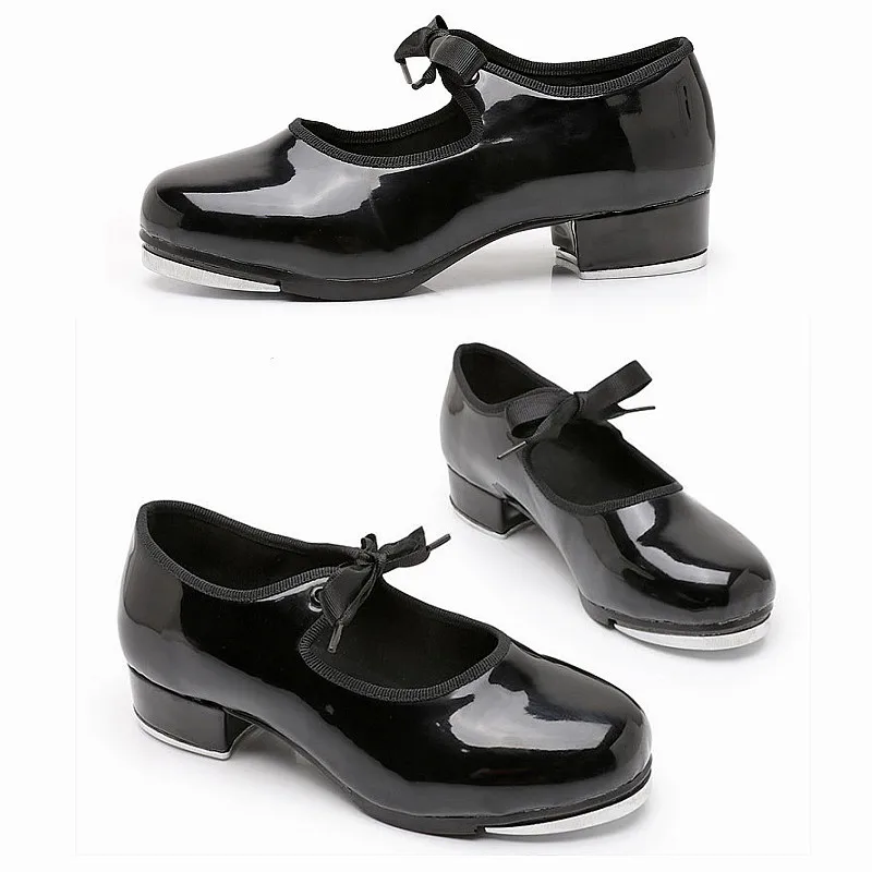 Men Women Leather Twin Gore Tap Shoes Lace Up Jazz Tap Dance Shoes Dancing Shoes Black Comfortable Patent Leather Dance Shoes