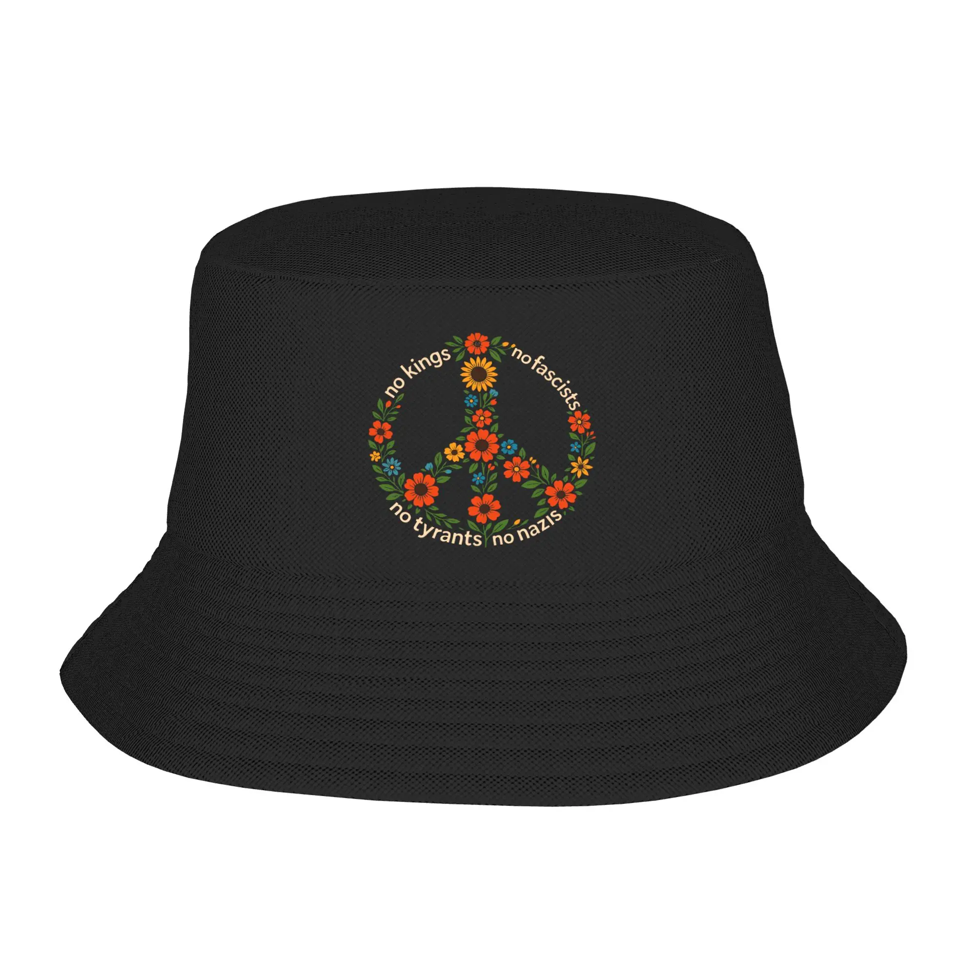 No Kings No Fascists Peace Symbol Floral Hippie Bucket Hat Outdoor Fisherman Caps für Männer und Frauen, trendige Reise- und Wander-Sonnenhüte