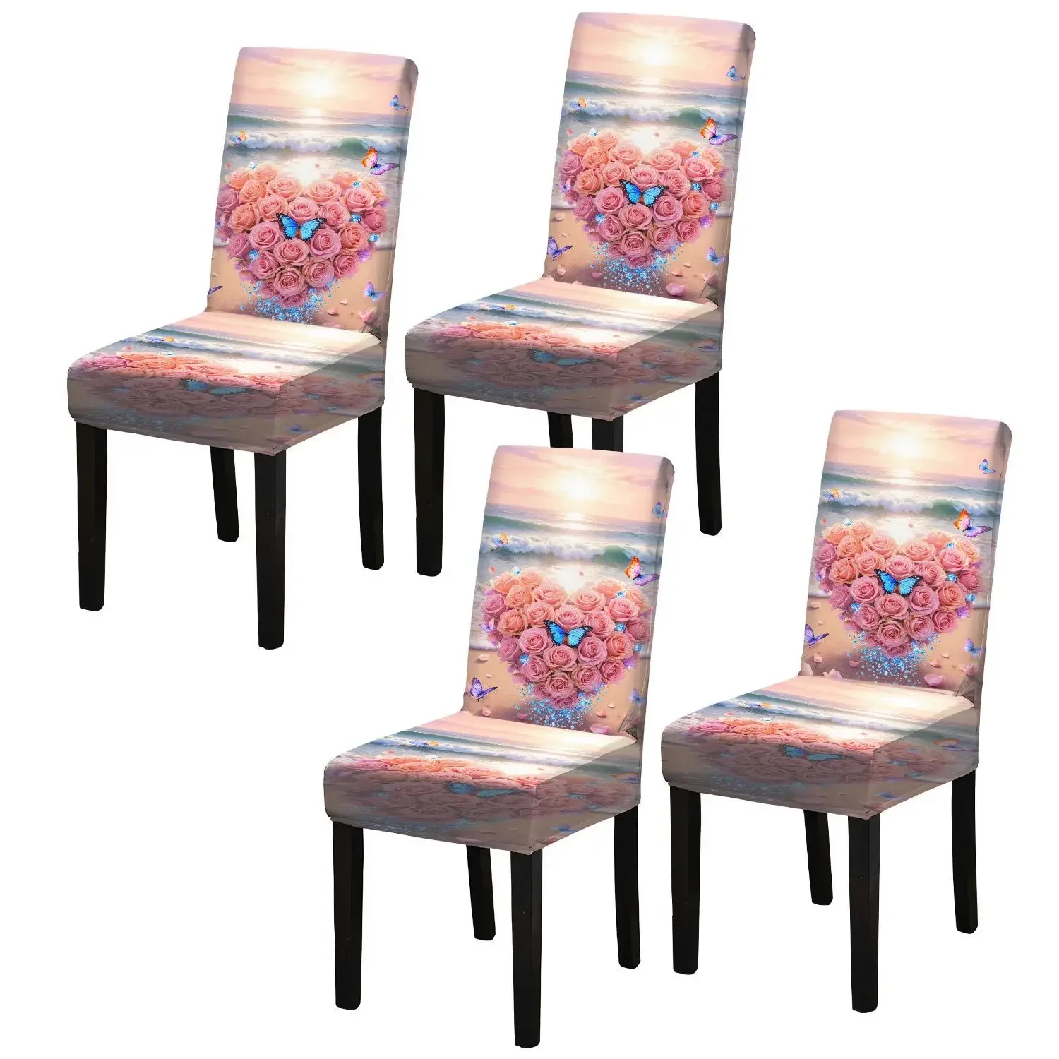 Elastic printed dining chair cover, romantic beach pink rose pattern, removable and non-slip dining chair cover