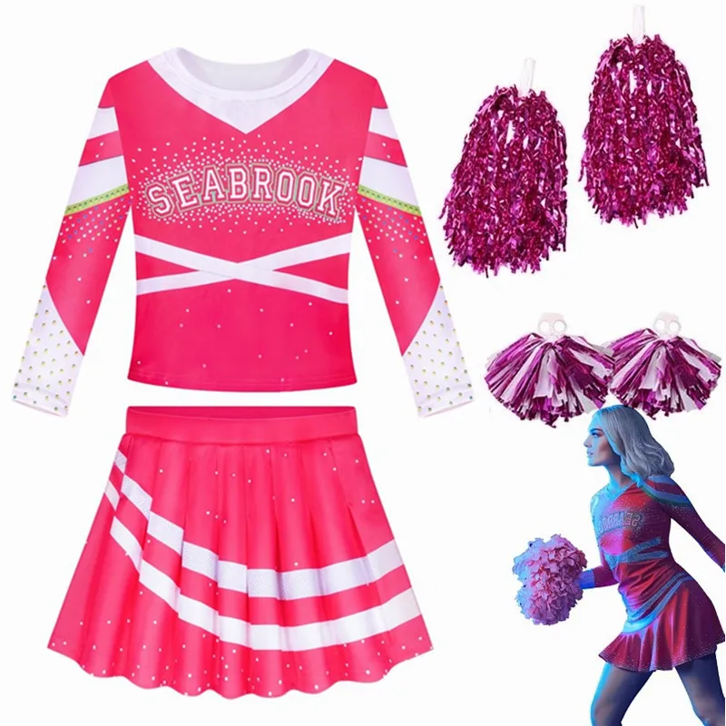 Zombie 3 Addison Girls Fancy Cheer Leader Halloween Costume Cosplay Cheerleader Kids Princess Dress+Flower Ball Party Clothing