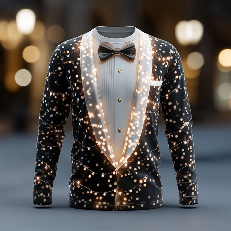Neon Light Realistic Suit Pattern Christmas T Shirt For Men Funny Fashion 3D Printed Long Sleeve T-shirts Casual Oversized Tees