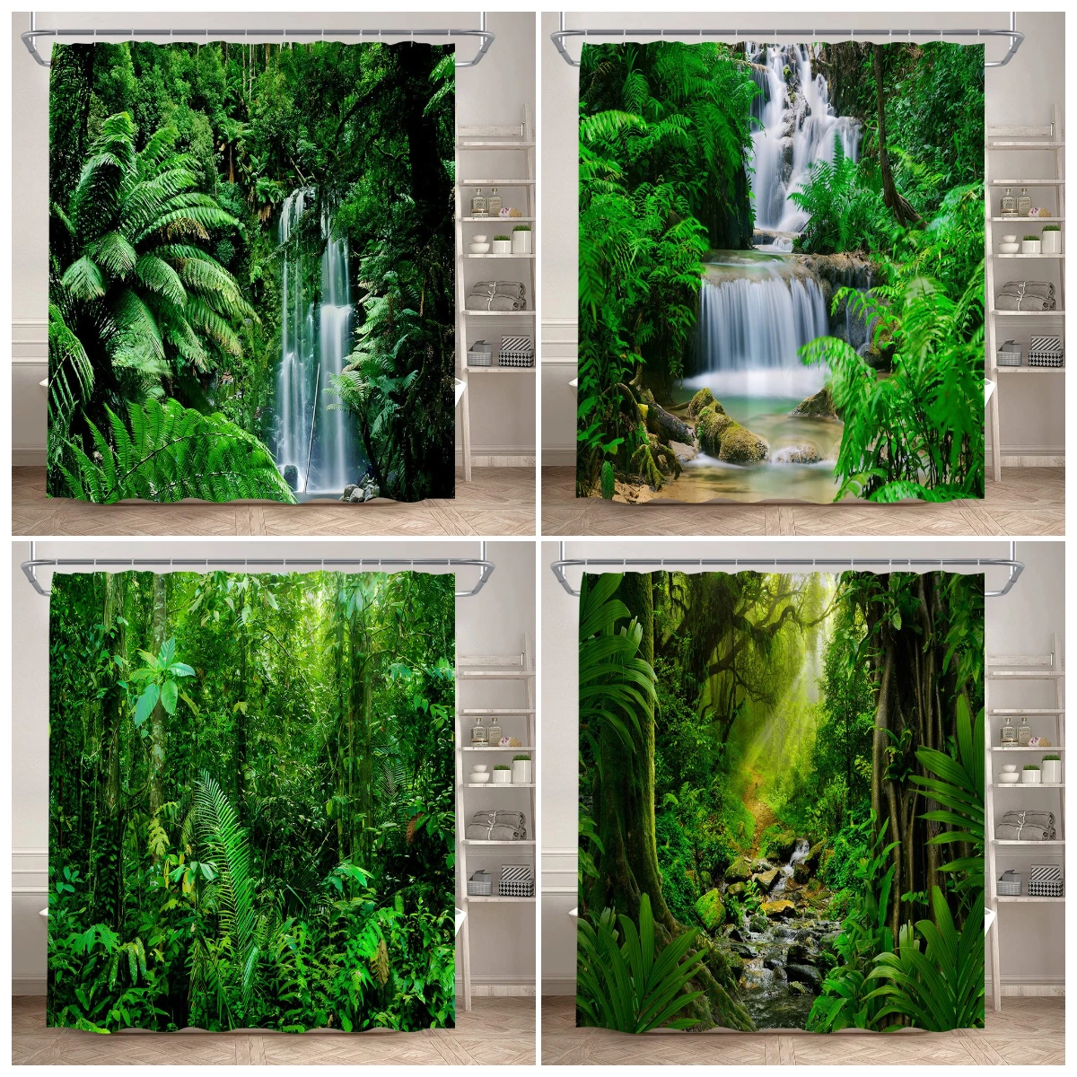 Jungle Waterfall Landscape Shower Curtain Rainforest Trees Green Plant Natural Forest Scenery Bathroom Curtain Fabric Home Decor