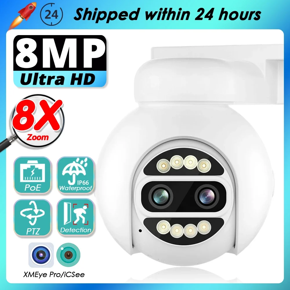 

XMEye 4K 8MP Dual Lens POE IP Security Camera Outdoor Waterproof Video Surveillance CCTV Camera 8x Zoom Smart Home PTZ 360°