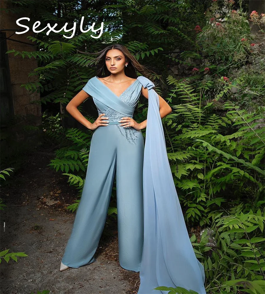 Graceful Blue Jumpsuit Evening Dress Chic V Neck Sequin Prom Dress Turkey Arabic Dubai Formal Occasion Birthday Vestido De Novia