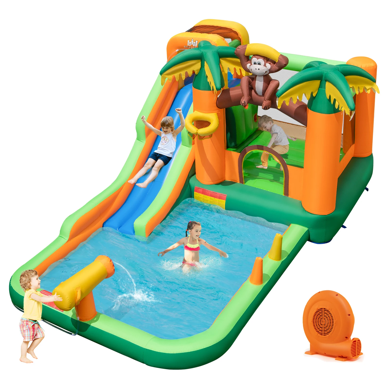 

Inflatable Water Slide Park Monkey Bounce House Splash Pool with 680W Blower