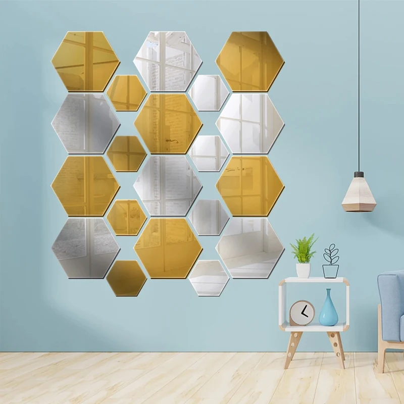 12PCS/Lot Removable Geometric Mirror Wall Stickers - Solid Hexagonal Shape, DIY with Built-in Adhesive for Home Decoration image 5