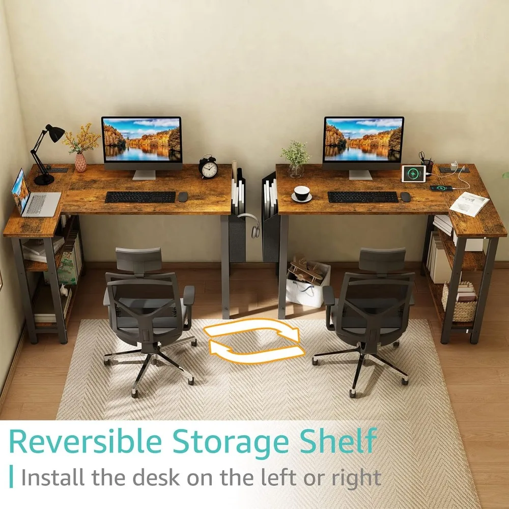 Lufeiya Small L Shaped Desk with Power Outlet Shelves, 40 Inch Corner Desk for Small Space Home Office, L-Shaped Computer