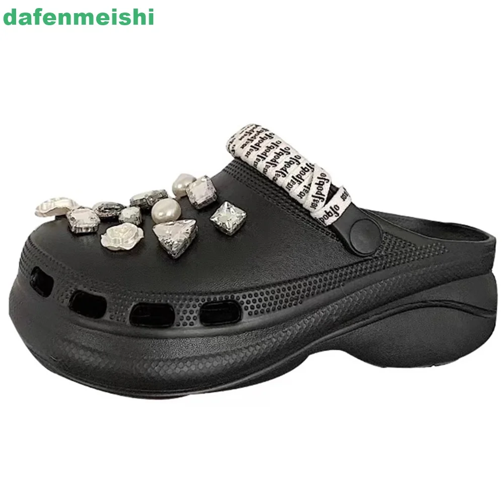 Slip On Women Slippers Diamond Bling Bling Cross Strap Ventilation Holes Black Fashion New Sandals 2025 Summer Casual Slides