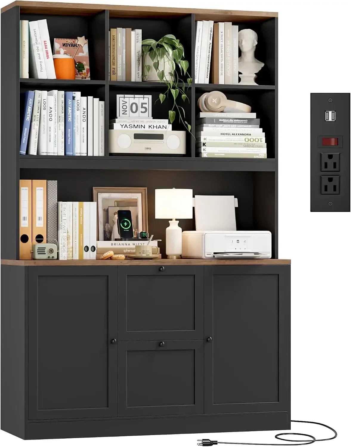72'' Tall File Bookcase with Power Outlet & Printer Stand, 2 Filing Drawers | Bookshelf with Doors & 2 Adjustable Drawers for Ha