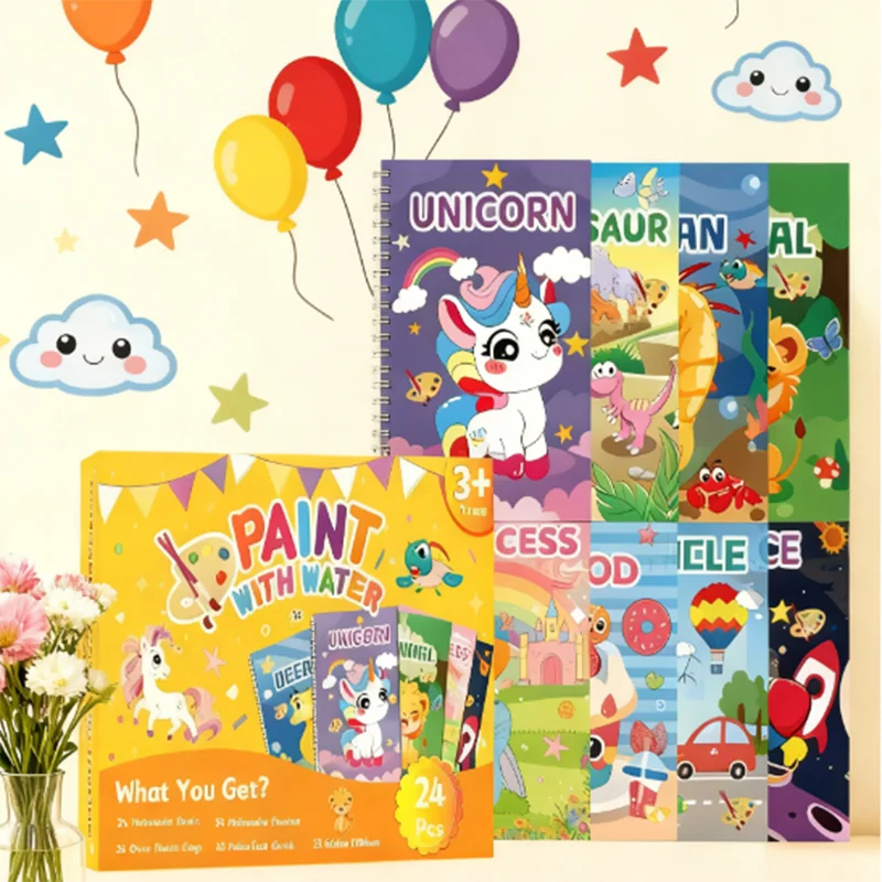 Cross-border English Version of Children's Watercolor Coloring Book with Built-in Paint, Animal Coloring, Water Painting Book