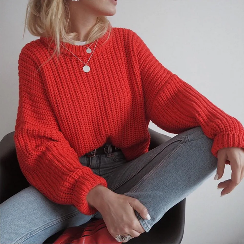 

Autumn and winter new women's knitted sweater round neck fashionable pullover sweater women's solid color loose top