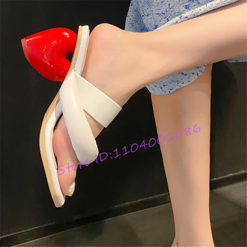 

Red Heart Shaped Heel Sandals for Women Novelty Clip Toe Strange 9Cm High Heels Slippers Summer New Outdoor Cowhide Flip Flops
