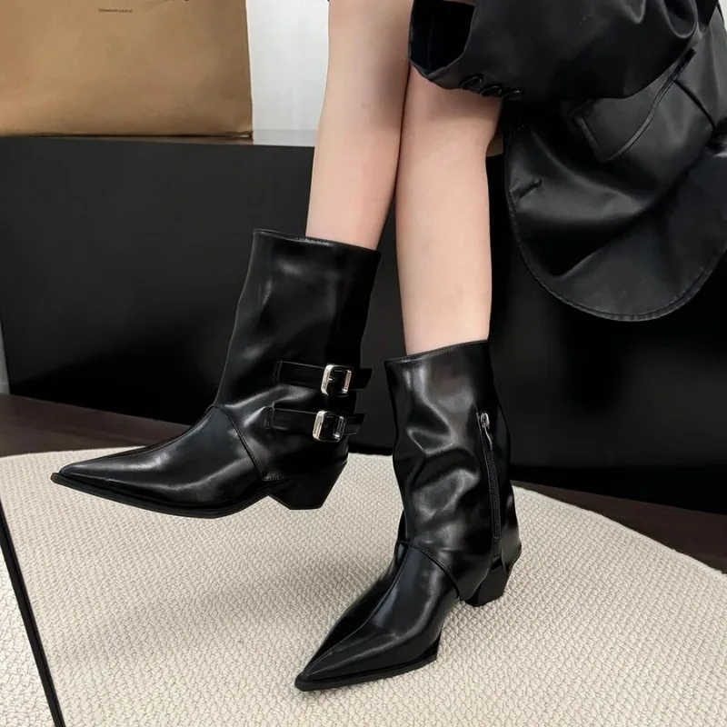 Women's Chunky Single Boots Fall New Pointed End Side Zipper Metal Belt Buckle Wear-resistant Comfortable Short Boots