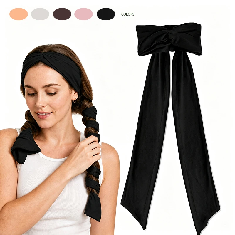 Heatless Curling Headband for Women 2 in 1 Twist Knotted Soft Hair Band Long Tie Bow Head Wrap Curls Styling Headband for Daily