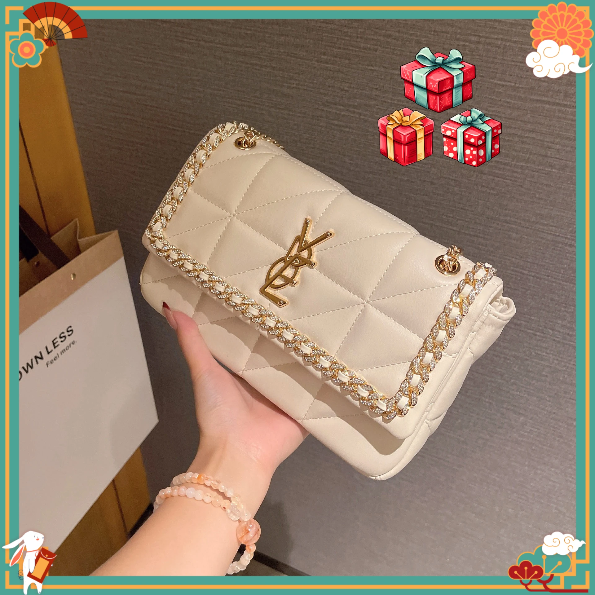 Rhombus Chain Women's Bag Versatile Small Square Bag One Shoulder Crossbody Underarm Bag Premium Textured Small Bag purse