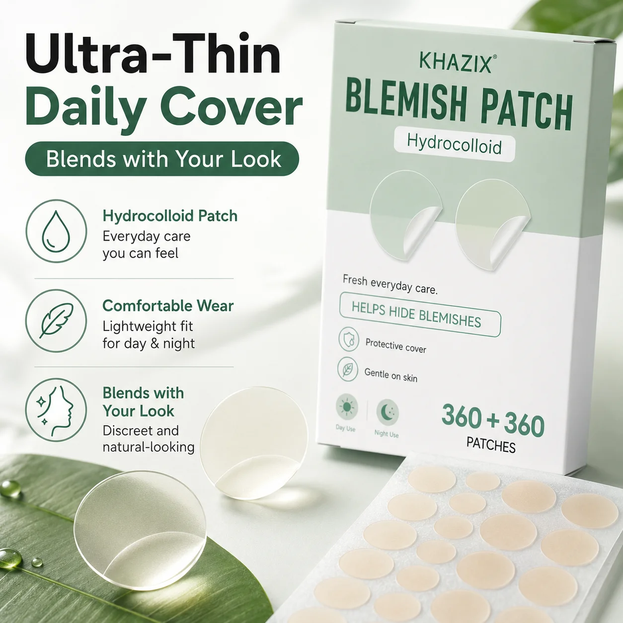 360+360pcsHydrocolloid Acne Pimple Patch, Hydrocolloid Spot Stickers, Covering Zits and Defect, Nighttime Spot Stickers for Face