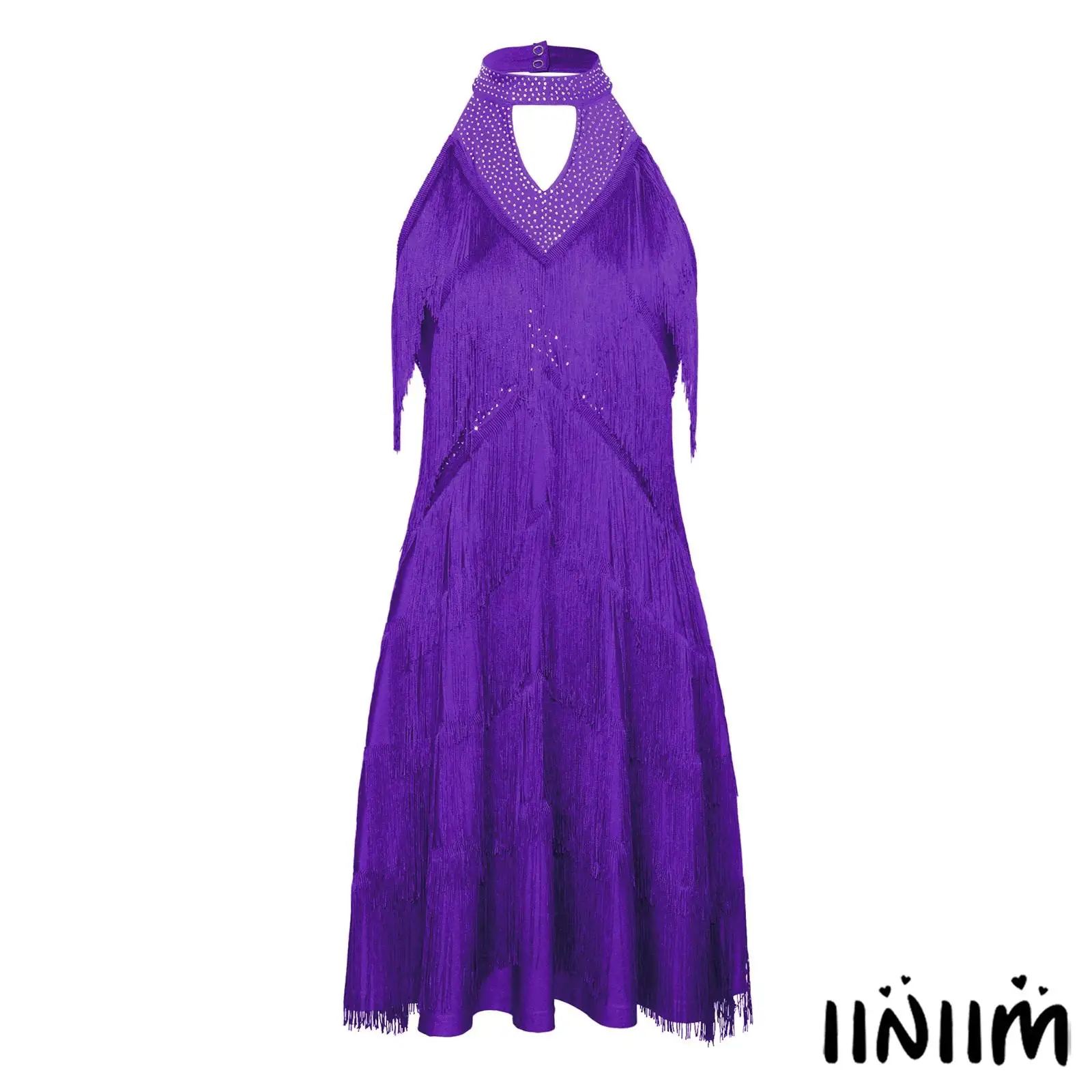 

Women Latin Tango Dance Costume Rhinestones Tiered Tassel Backless Halter Fringed Dress Flamenco Samba Salsa Ballroom Dancewear