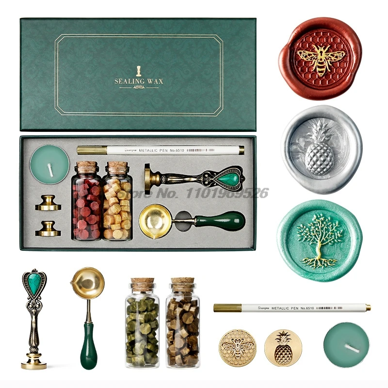 

Полный набор сургучной печати с 3 латунными головками и восковыми бусинами — элегантный набор сургучей для приглашений, букв и подарочной упаковки
