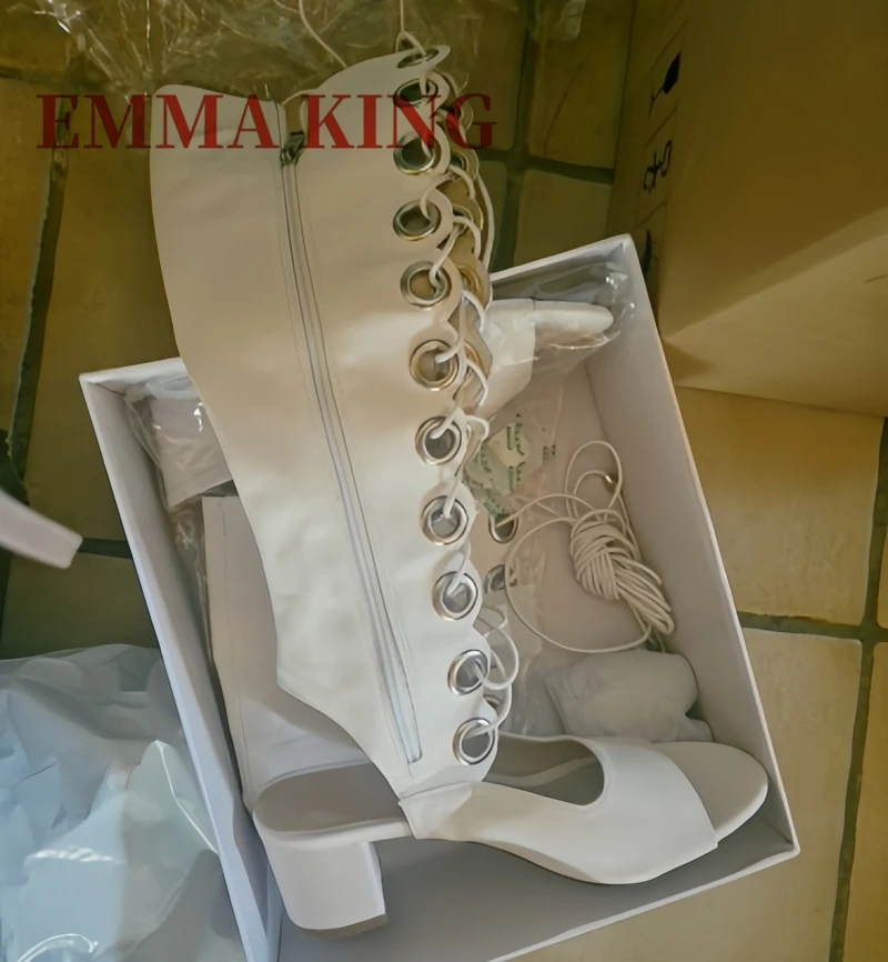 Women's White Grommet Gladiator Sandals 5cm Chunky Heel Knee High Boot Open Toe Cross-tied Sandals Wedding Shoes for Women view 5
