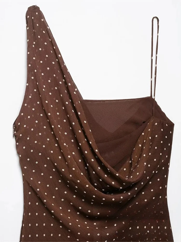 KONDALA Sexy Brown Women Dress Dot Cami Sleeveless Asymmetrical Straight Long Vestidos Fashion 2025 Autumn Holiday Party Dress