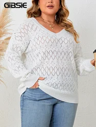 Gibsie Plus Size Witte Holle Breigoed Tops Voor Dames Kanten Rug V-Hals Gebreide Trui Met Lange Mouwen 2023 Herfst Nieuw