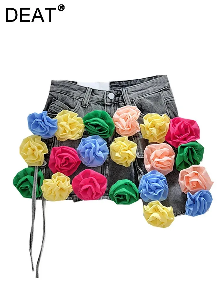 

DEAT Women Denim Skirt Colorful Pleated Floral A-line Wrap Hip Multiple Pockets Cargo Minskirts 2024 Autumn New Fashion 29L7227