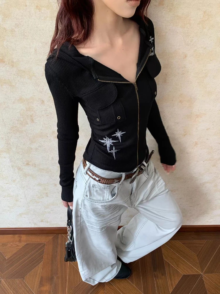 Aesthetic Y2K Gothic Streetwear Sexy Tops Women Autumn Slim Fit Zip Up Hooded Multi Pocket Camo Print Cardigan Coat Female 2026