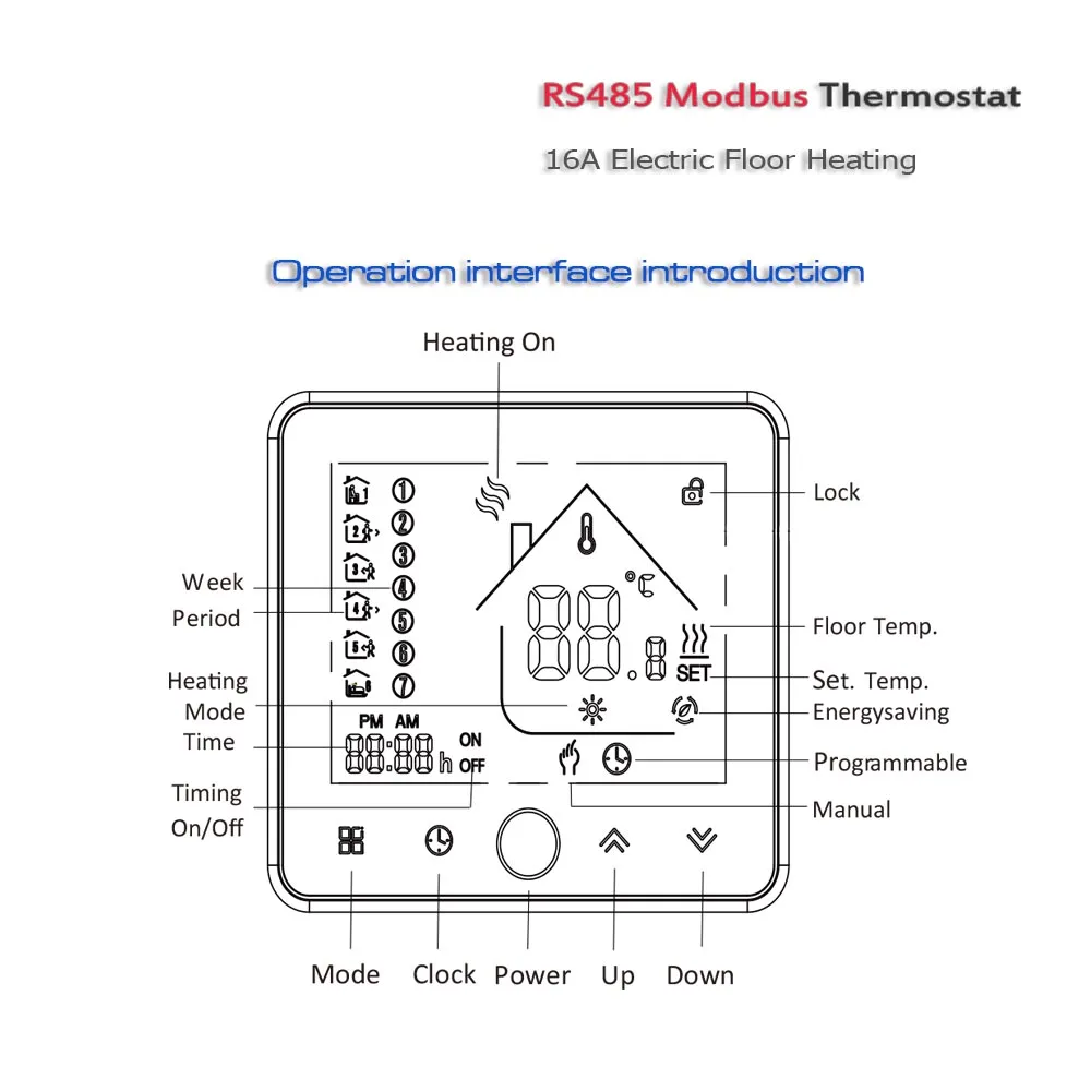 24VAC MODBUS RS485 floor electric heating thermostat, 16A floor temperature regulating controller 95-240VAC optional