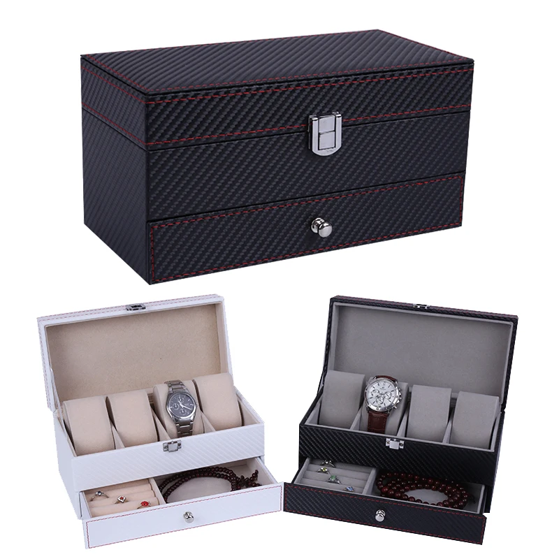 

High Quality Carbon Fiber Leather Case 4 Grid Double Layer Watch Box for Men and Women Jewelry Organizer Display The Best Gift