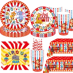 Circus Carnival Party Supplies Disposable Tableware Paper Plates Napkins Cups Striped Animals Party Kids Birthday Decorations