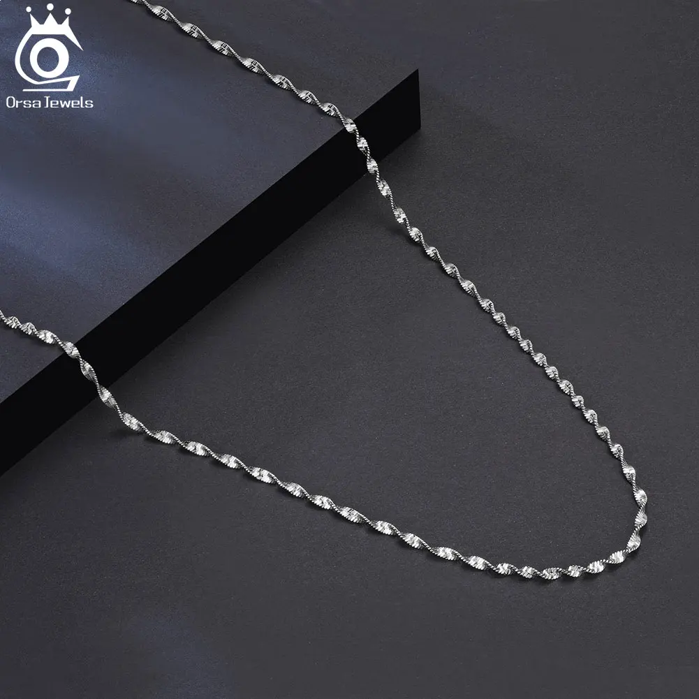 ORSA JEWELS Soild 925 Sterling Silver Water Wave Necklace Chain 1mm 2mm Lobster Clasp Silver Color Unisex Wave Choker Chian SC75