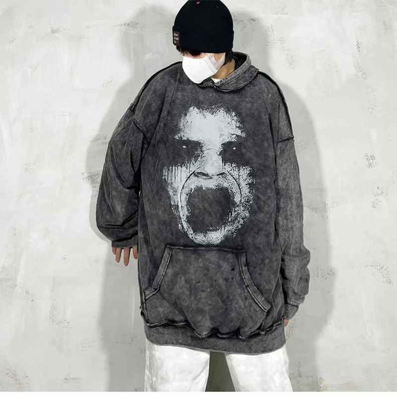 Hazy Grimace Print Women Long Sleeve Hooded Pullovers Fall Winter Hip Hop Funny Horrible Dark Highstreet Loose Sweatshirt Unisex