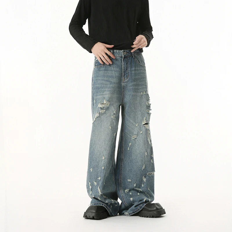 WTHT موضة جديدة للرجال فتحة غير منتظمة تصميم قديم سراويل دينم عالية الشارع جينز صيفي فضفاض عالي الخصر للرجال 2A0066