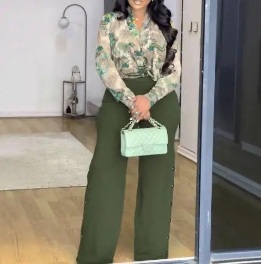 2피스 세트 여성 의류 2025 우아한 프린트 브이넥 셔츠 와이드 레그 팬츠 세트