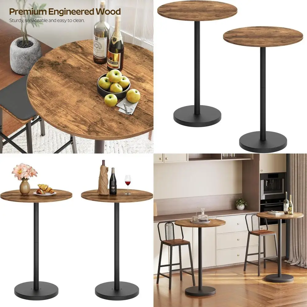 

Round Bar Table Set for 2, Counter Height, Metal Frame, Suitable for Bistro, Dining and Living Rooms, Rustic Brown & Black