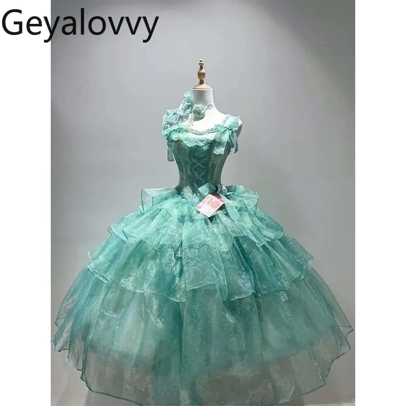 Zielona Lolita Sukienka Wieczorowa Długa z Wysokim Stanem, Dopasowana, Letnia Słodka Dziewczęca Sukienka na Urodziny, Super Wróżkowa Sukienka Księżniczki z Kokardą