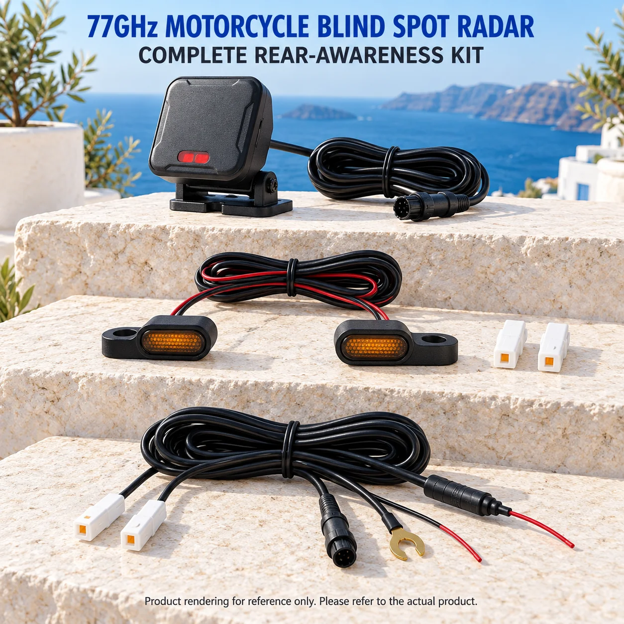 77GHz Motorcycle Rear Blind Spot Radar with Mirrored LED Alerts, BSD 8.4m, LCA 50m and Up to 70m Detection