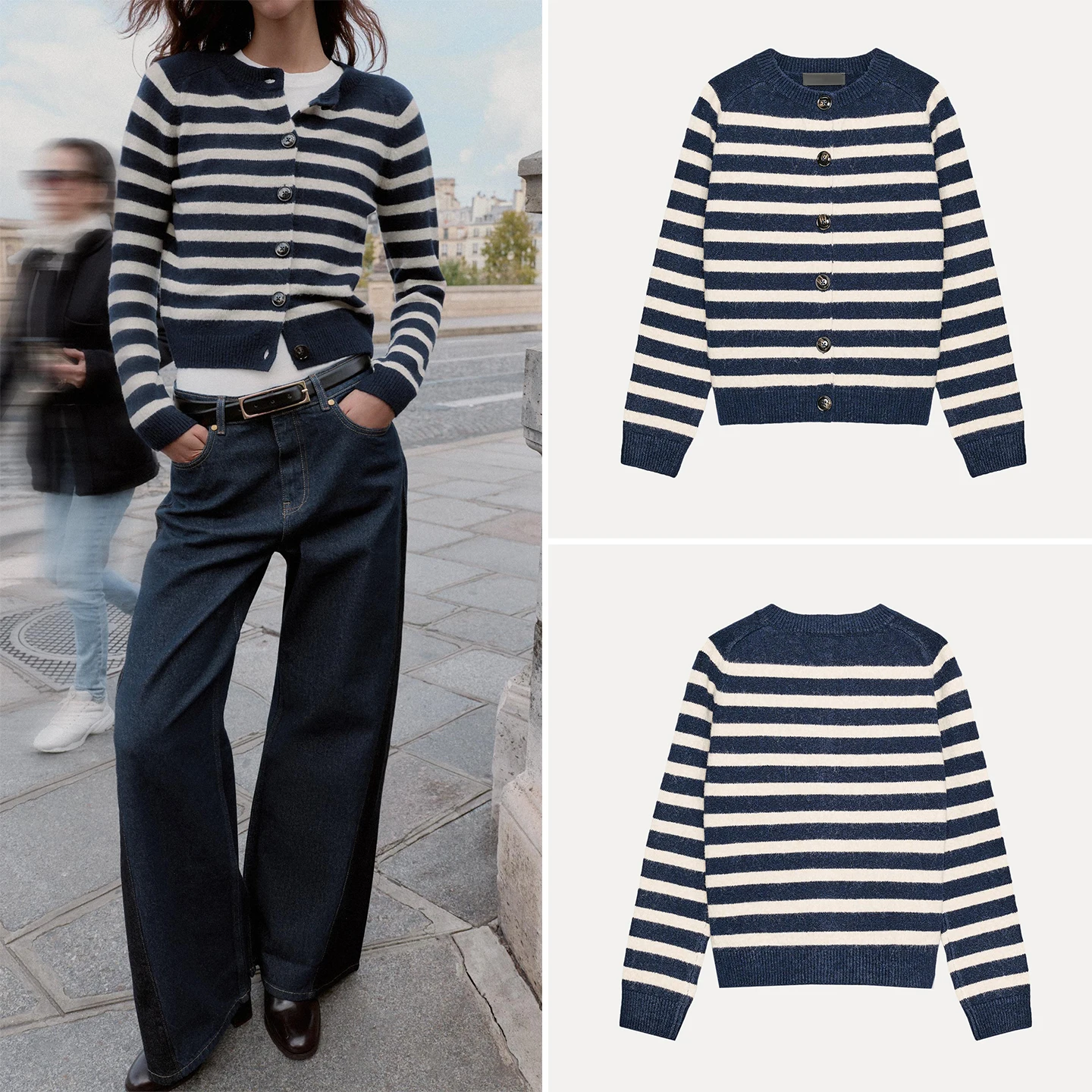 Z سترة نسائية محبوكة غير رسمية شريطية Faion ملابس خارجية طويلة Sve مستديرة Ne زر حتى سترة خريف 2025