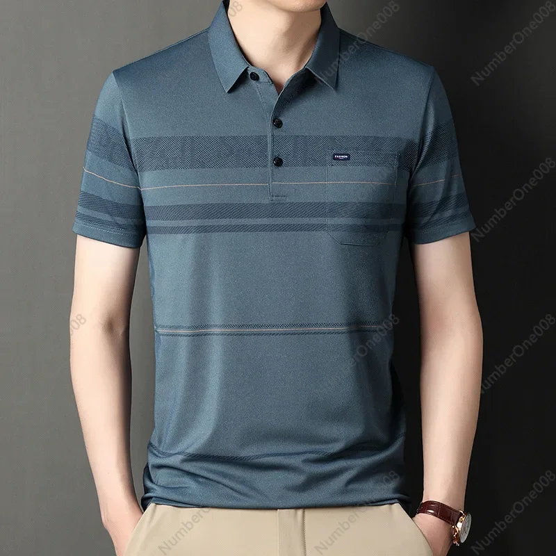 

POLO Shirt Men's Summer New Striped Real Pocket Middle-aged Men's Casual Top Half-sleeved Trendy Short Sleeves