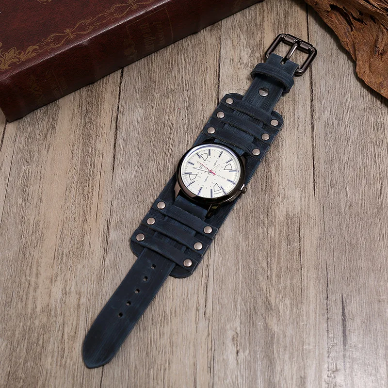 Mens Quartz Watches Luxury Wristwatch 2023 Cowhide Watchband Punk Style Watch for Men Wide Genuine Leather Bracelets Watch