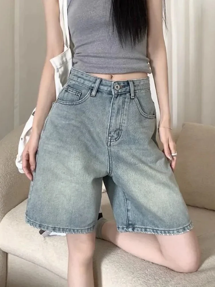 Vintage Blue Denim Shorts Women Fashion Streetwear Straight Knee Length Jeans Woman Summer Korean High Waist Baggy Jean Shorts