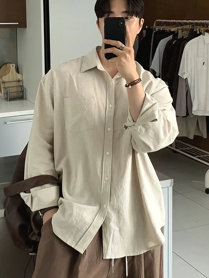 

Loose Fit Cotton Linen Workwear Shirt Men's Thin Breathable Long Sleeve Open Cardigan Casual Shirt Jacket Wrinkles Fabric