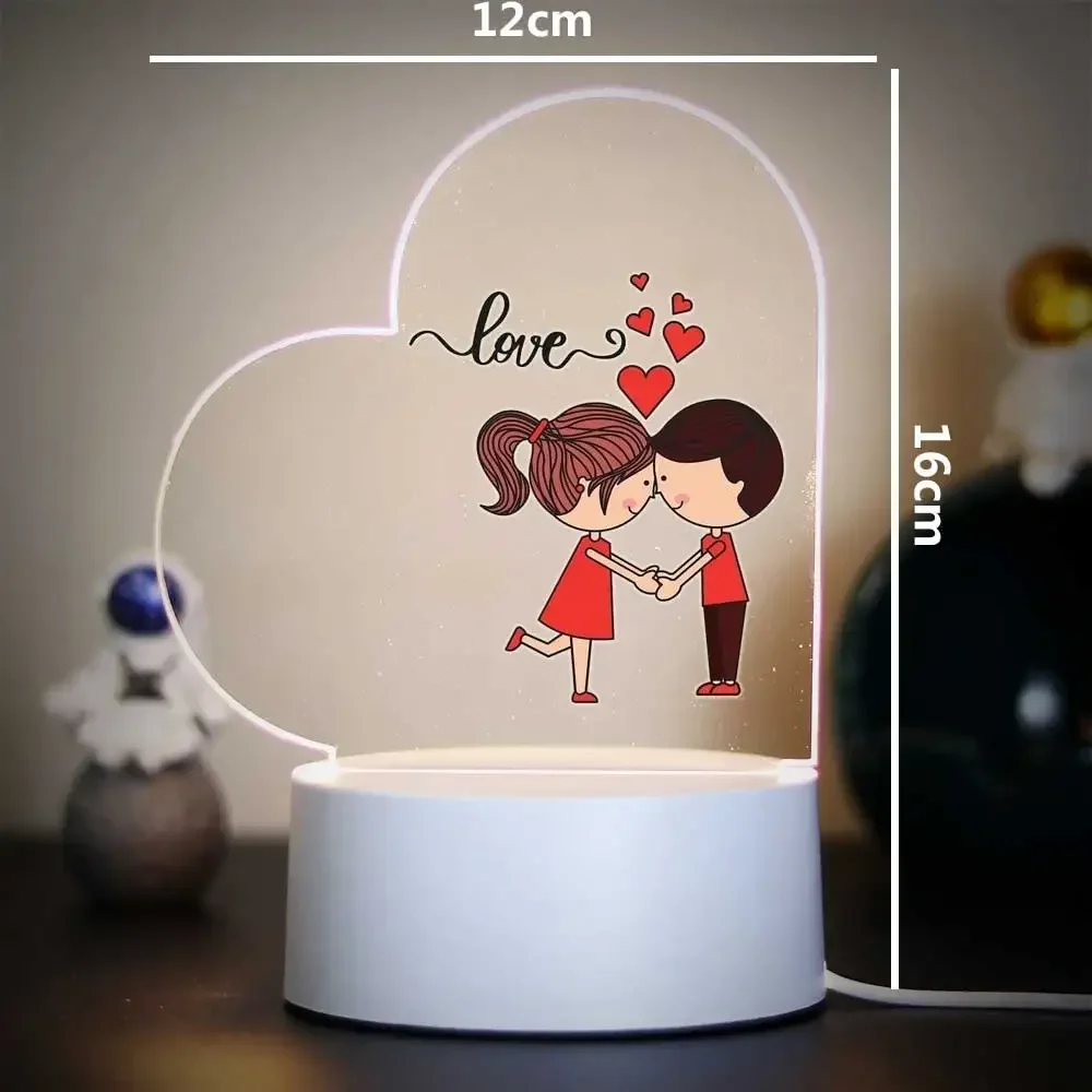Heart Shaped Acrylic 3D Night Light Cartoon Couple Holding Hands Love Text USB Bedside Lamp