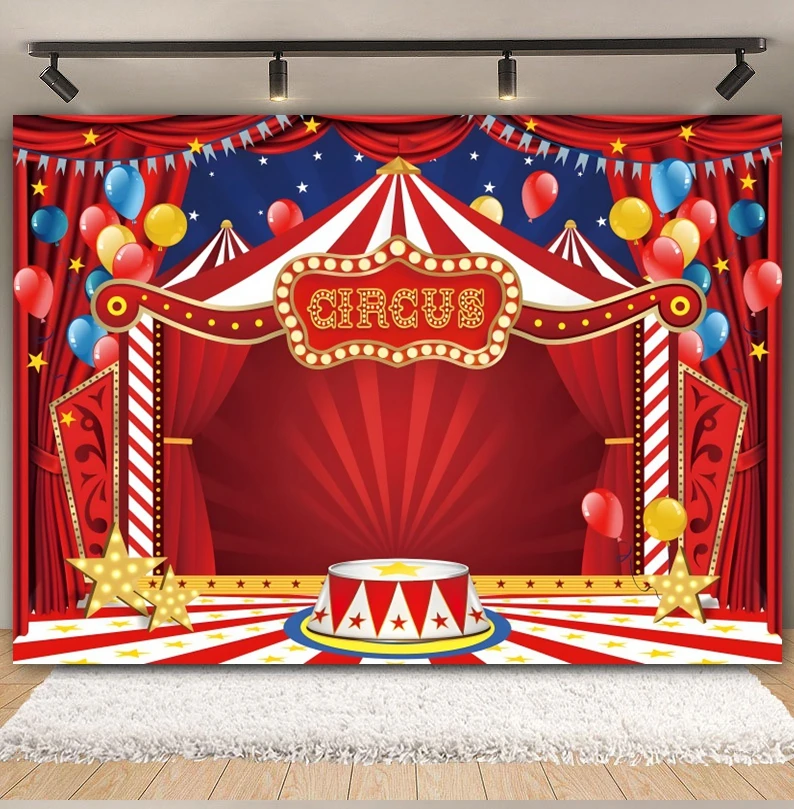 Circus Theme Backdrop Red Tent Ferris Wheel Carousel Hot Air Balloon Baby Birthday Party Photography Background Decor Photo Prop