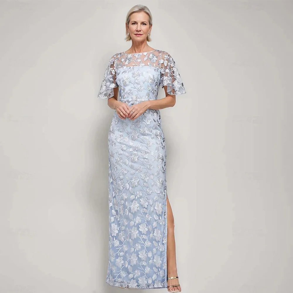 エレガントなレースの花嫁の母ドレス カスタマイズされた半袖 ラウンドネック サイドスリット フロアレングス シース ウェディングゲストドレス