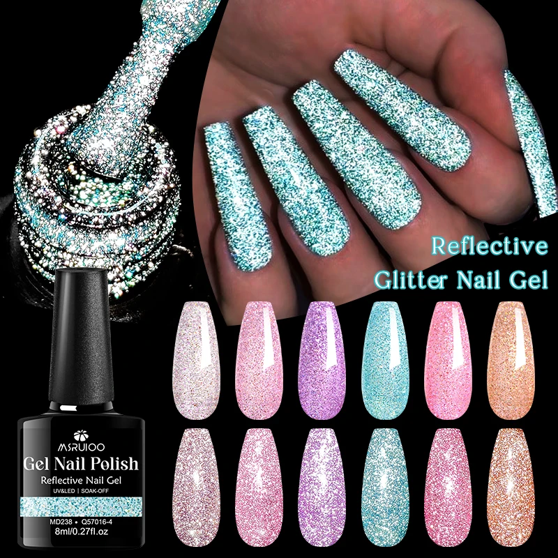 

8ml MSRUIOO Reflective Glitter Nail Gel Lead-Free Unscented Liquid Sparkle Varnish for Shiny Nail Art Manicure HEMA/TPO FREE