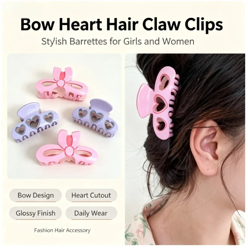 Bow Heart Cutout Hair Claw Acrylic Hair Clip Women Glossy Hollow Hair Catch Daily Styling Headwear