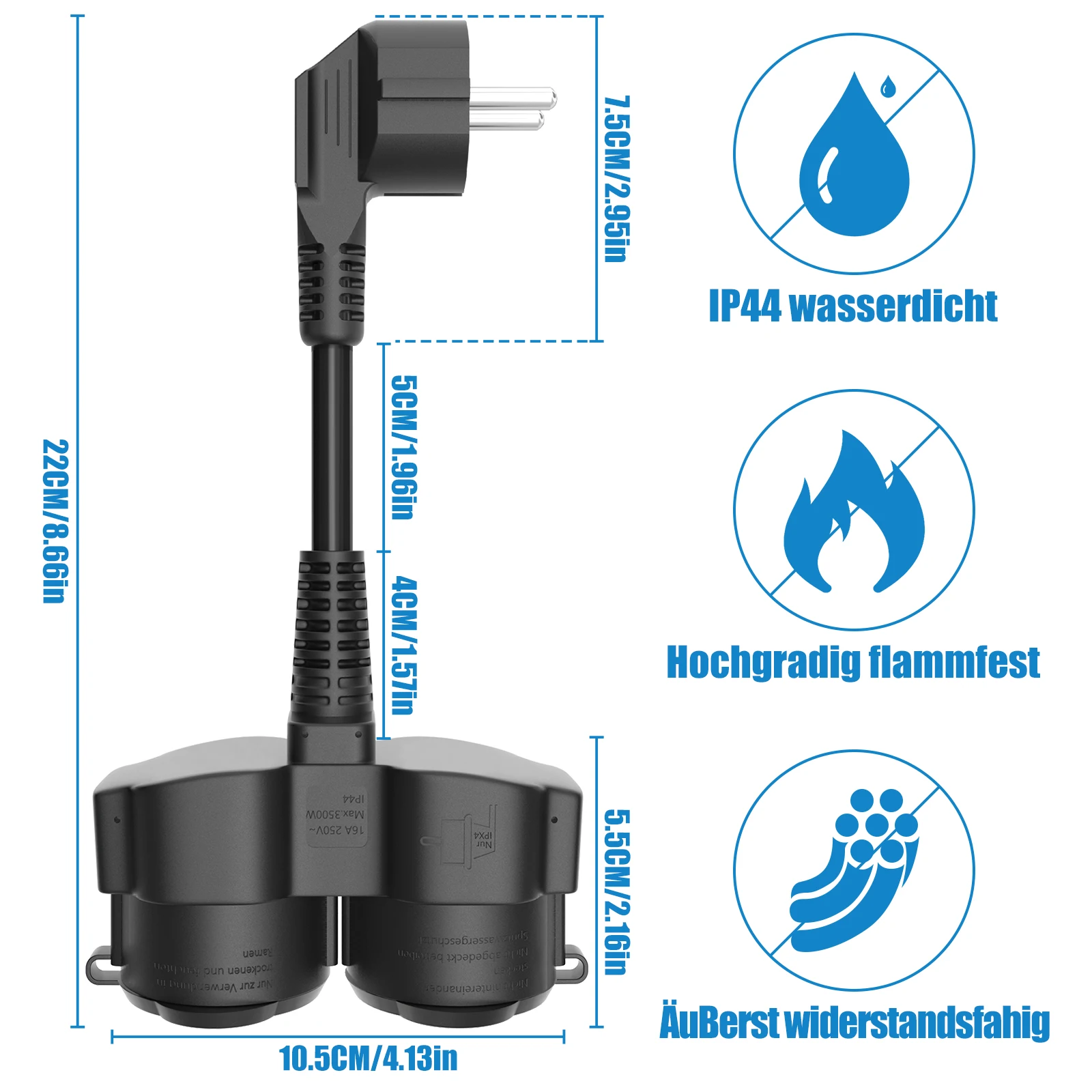 Double Plug Protective Contact Extension Cord 2 Schuko Sockets 250 V 16A with 5cm Short Cable 2-Way Outdoor Socket Waterproof