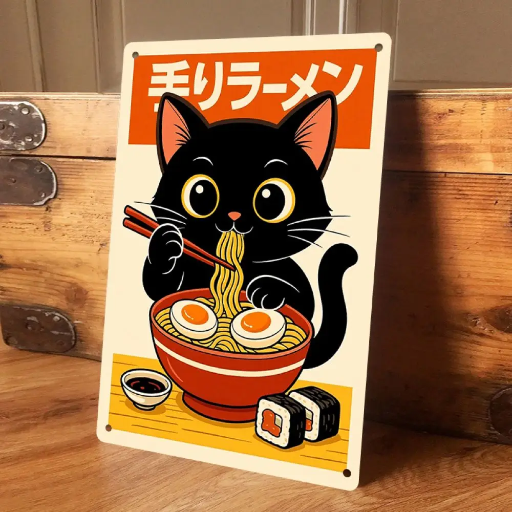 1PC 2D flat Japanese cartoon cat eating Lamian Noodles, iron sheet painting, creative furniture, restaurant wall decoration, cro