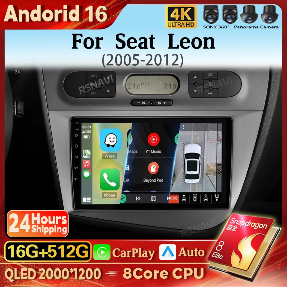 Radio para Auto Android 16 con Carplay, Pantalla 2K, Reproductor Multimedia BT para Seat Leon 2 MK2 2005 - 2012, Autoradio Estéreo 16G-512G